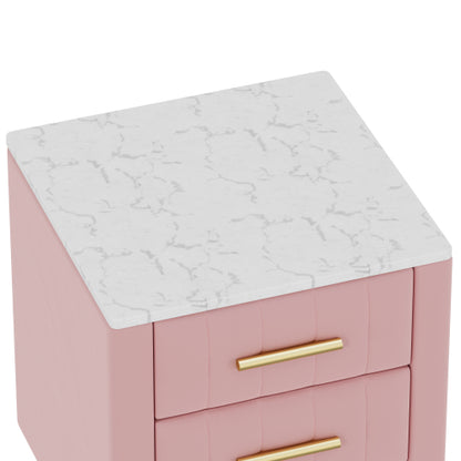 Upholstered Wooden Nightstand with 3 Drawers and Metal Legs&Handles, Bedside Table with Marbling Stickers Worktop - Pink
