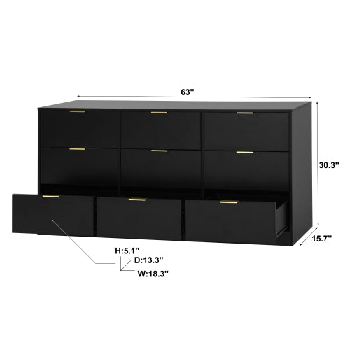 Black 9 Drawer Dresser, 63" Large Deep Chest of Drawers, Wooden Dresser Storage Cabinet with 9 Drawers for Bedroom, Long Dressers for Living Room, Hallway