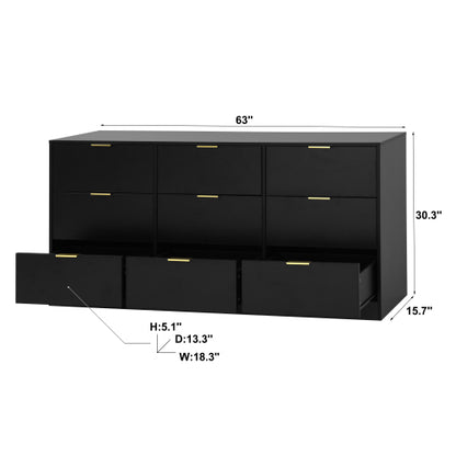 Black 9 Drawer Dresser, 63" Large Deep Chest of Drawers, Wooden Dresser Storage Cabinet with 9 Drawers for Bedroom, Long Dressers for Living Room, Hallway