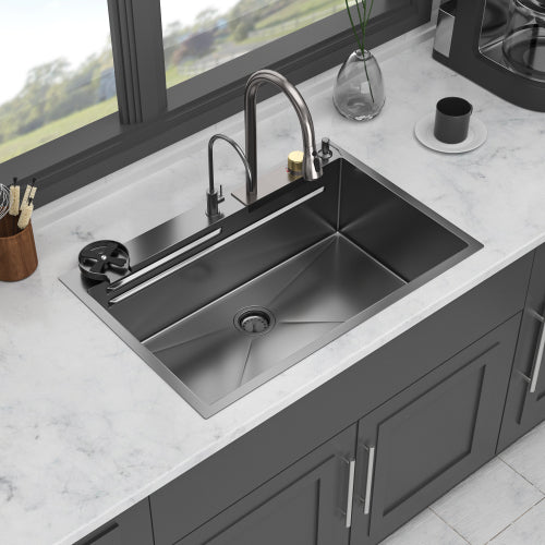 Gunmetal Black Drop in Waterfall Kitchen Sink - 33*22*10 inch Single Bowl 16 Gauge Stainless Steel Ledge Workstation Kitchen Sinks with Pull-Down Faucet & Cup Washer