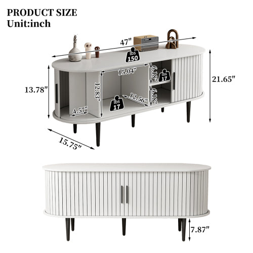 47 Inch White Mid-Century Media Console Fluted Sliding Door MDF TV Stand with Metal Support Legs