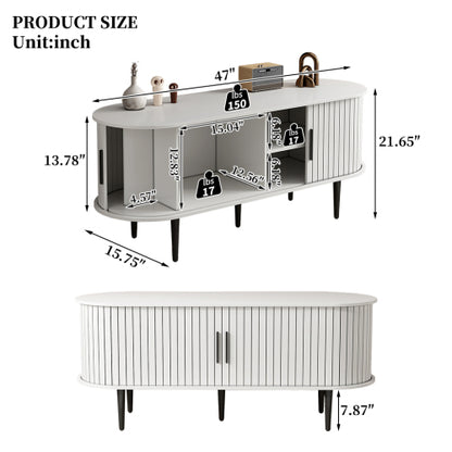 47 Inch White Mid-Century Media Console Fluted Sliding Door MDF TV Stand with Metal Support Legs