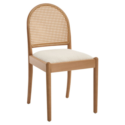 Set of 2 Beige Rattan Back Linen Dining Chairs, Solid Wood Leg Teddy Cushion 275lbs Capacity