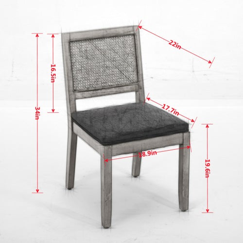 Set of 2 Gray Farmhouse Cane Rattan Dining Chairs, Solid Hardwood Frame Linen Upholstered Side Chairs 300 LBS Capacity