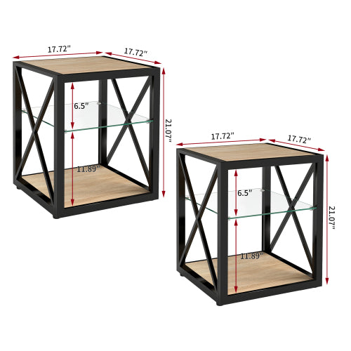 Set of 2 Modern End Table Nightstand for Bedroom & Living Room, Tempered Glass & Natural Wood MDF Top , Industrial Style Side Table