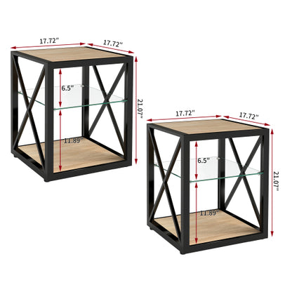 Set of 2 Modern End Table Nightstand for Bedroom & Living Room, Tempered Glass & Natural Wood MDF Top , Industrial Style Side Table