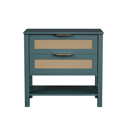 Rattan Nightstand with 2 Drawers and Storage Shelf Boho Bedside Narrow Side Table for Bedroom