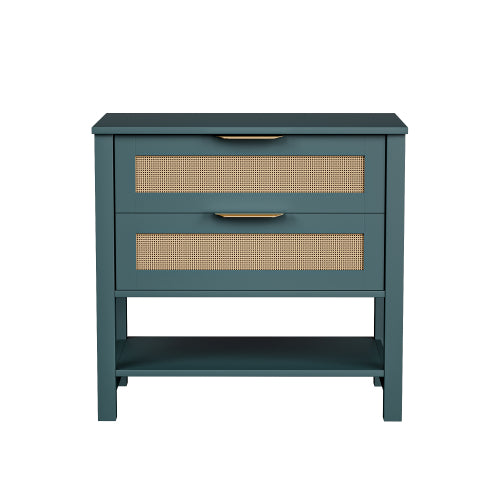 Rattan Nightstand with 2 Drawers and Storage Shelf Boho Bedside Narrow Side Table for Bedroom
