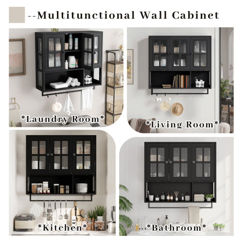 Bathroom Wall Cabinet, 3-Door Wooden Wall Cabinet with Open and Hidden Storage Space, Medicine Cabinet with Glass Door and Towel Bar for Entryway Living Room Bathroom Dining Room,Black
