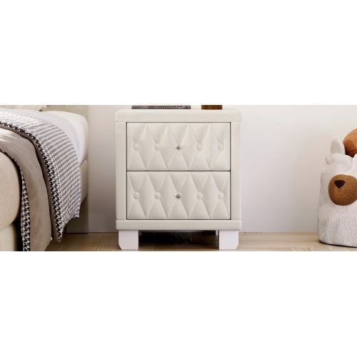 Elegant Velvet Nightstand with 2 Drawers and Crystal Handle, Storage Bedside Table with Button-Tufted, Beige