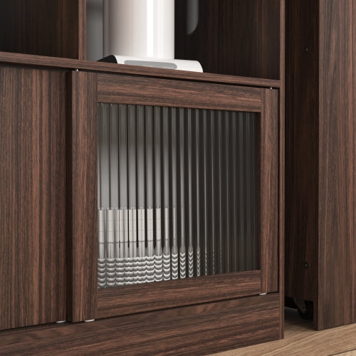 Modern Bar Cabinet with Rotating top, Counter Height Dining Cabinet with 6 Storage space and 2 Ribbed Glass Door for Kitchen, The Rotating Top with 3 Storage Shelves Dining Room, Living Room, Walnut