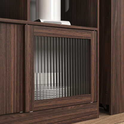 Modern Bar Cabinet with Rotating top, Counter Height Dining Cabinet with 6 Storage space and 2 Ribbed Glass Door for Kitchen, The Rotating Top with 3 Storage Shelves Dining Room, Living Room, Walnut