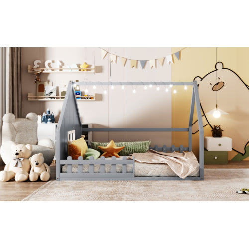 Full Size Wood House Bed with Window and Fence, Gray