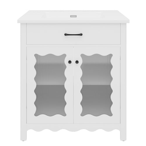 31" Bathroom Vanity with Tempered Glass, Modern Bathroom Cabinet with Rubber Wood legs and Soft close Doors, White