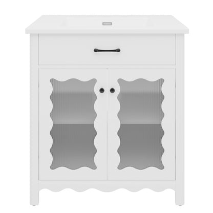 31" Bathroom Vanity with Tempered Glass, Modern Bathroom Cabinet with Rubber Wood legs and Soft close Doors, White