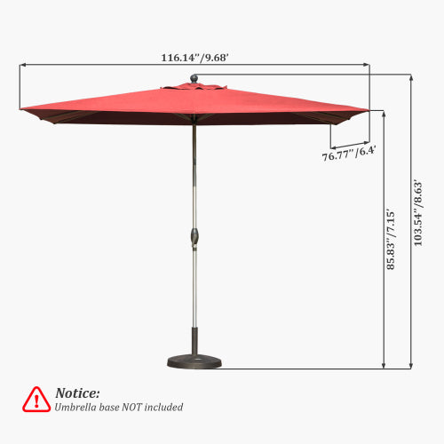 Rectangle Patio Umbrella with Crank Lift and Tilt Function, Brick Red (Base not included)