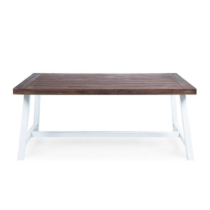 Outdoor Dark Brown Sandblast Finish Acacia Wood Dining Table with White Rustic Metal Finish Frame