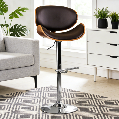 Modern Contemporary Swivel Walnut Bentwood Lift Adjustable Height Bar Stool with Curved Seat and Back (black)