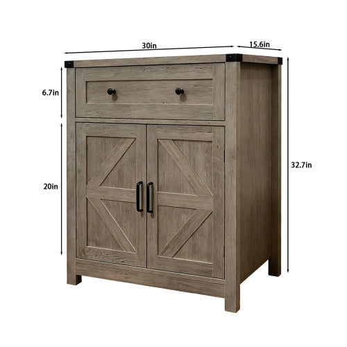 Light Gray-Washed Wood Farmhouse Barn-Door Storage Cabinet, Coffee Bar Buffet Sideboard with Drawer for Kitchen & Living Room