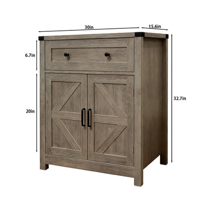 Light Gray-Washed Wood Farmhouse Barn-Door Storage Cabinet, Coffee Bar Buffet Sideboard with Drawer for Kitchen & Living Room