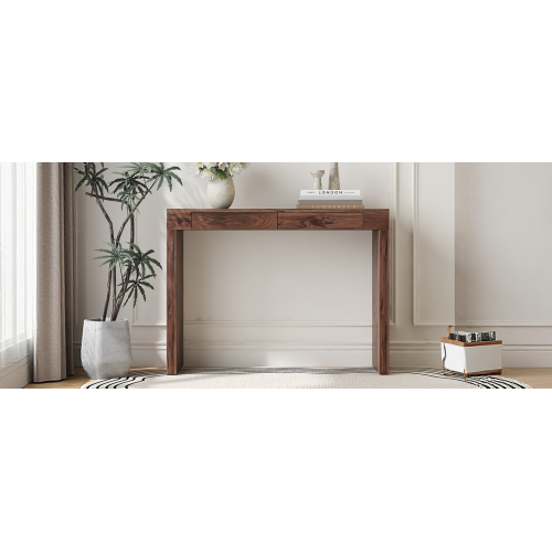 Elegant natural walnut wood grain bar table -50 inches long, a practical choice for modern home decor. Walnut wood grain texture veneer, equipped with double drawers, can be used as both a bar counter