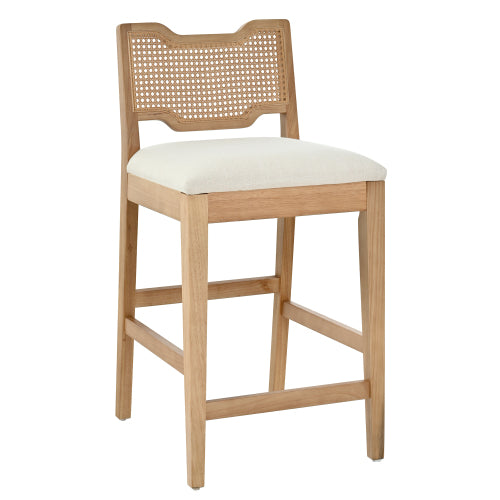 Set of 2 Natural Rubber Wood Farmhouse Rattan Back Counter Bar Stools, Beige Fabric 27.9inch  Seat Height Armless Stools