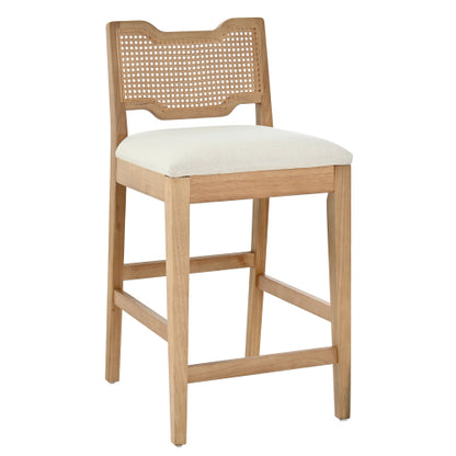 Set of 2 Natural Rubber Wood Farmhouse Rattan Back Counter Bar Stools, Beige Fabric 27.9inch  Seat Height Armless Stools