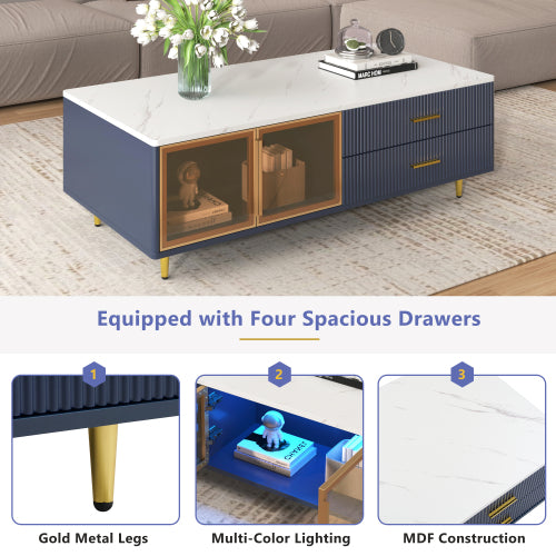 Modern Blue Coffee Table with Glass Doors Drawers LED Lighting Gold Legs
