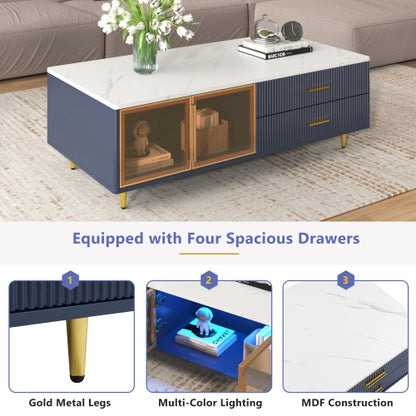 Modern Blue Coffee Table with Glass Doors Drawers LED Lighting Gold Legs