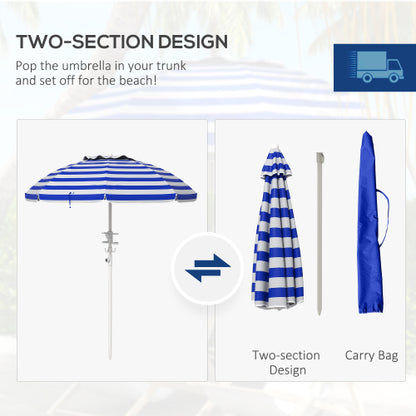 Outsunny 5.7' Portable Beach Umbrella with Tilt, Adjustable Height, 2 Cup Holders & Hooks, UV 40+ Ruffled Outdoor Umbrella with Vented Canopy, Blue White Stripe