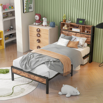 Twin Size Bed Frame with Storage Headboard, Metal Platform Bed with Charging Station,  Bookcase Storage, Easy Assembly