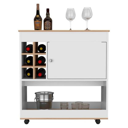Bar Cart, Six Bottle Cubbies, One Cabinet, Four Casters, Light Oak / White