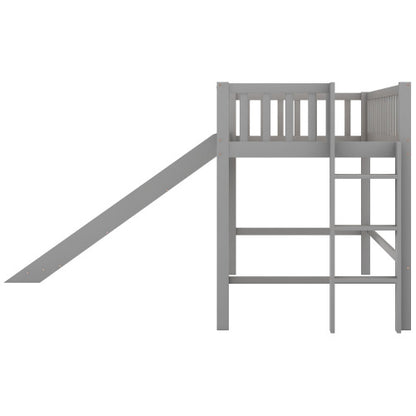 Twin Size Low Loft Bed with Ladder and Slide, Gray