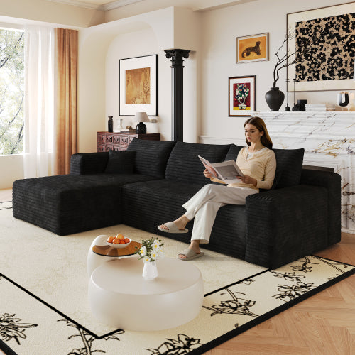 103 inch  Black Plush Corduroy L-Shape Cloud Modular Sofa, No Assembly