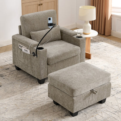 Brown Manual Recliner Single Sofa,USB Port,Cup Holders,Storage Ottoman