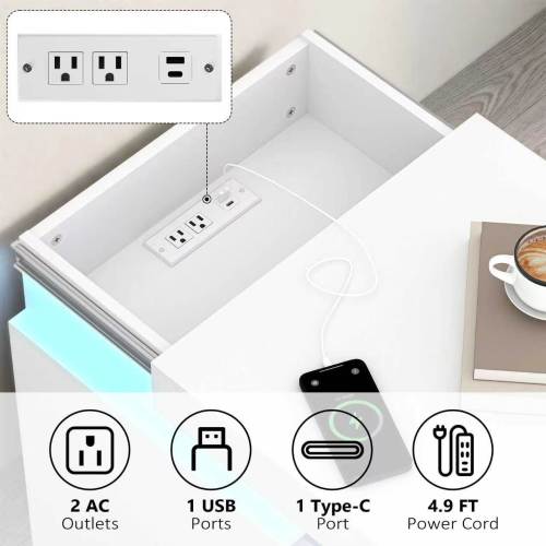 2 Pack White Nightstand, Sliding Top Charging Station & RGB LED Wave Panel Drawers