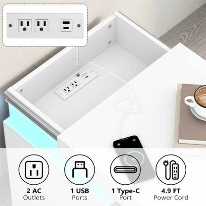 2 Pack White Nightstand, Sliding Top Charging Station & RGB LED Wave Panel Drawers
