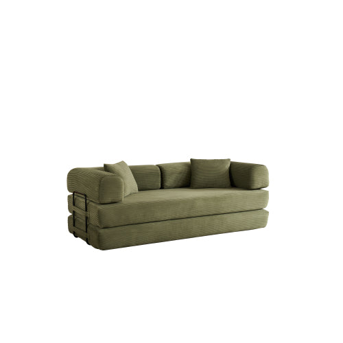 Green Corduroy Convertible Sleeper Sofa Bed with Cylindrical Pillow