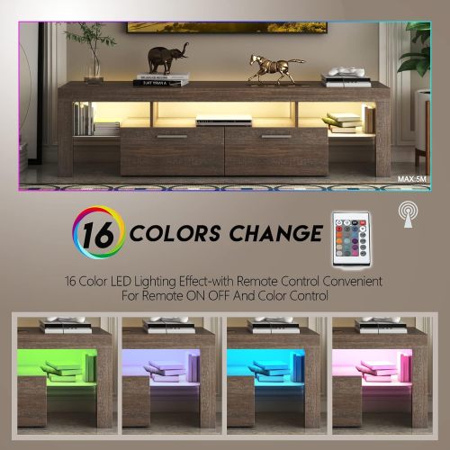 Farmhouse Brown LED TV Stand, Glossy Entertainment Center with Drawers for Up to 75 Inch TV