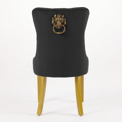 Set of 2 Black Velvet Mid-Century Dining Chairs, Lion Head Pull Ring Golden Solid Wood Legs 280lbs Capacity