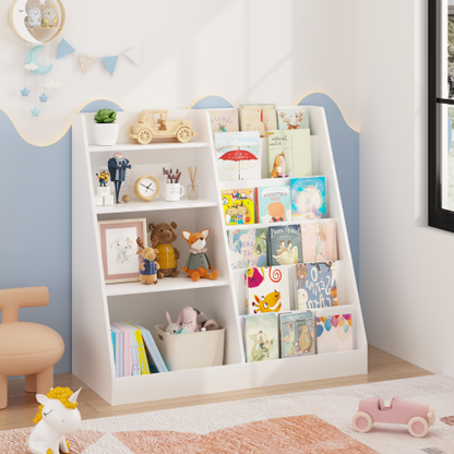 White 4-Tier Multi-functional Kids Wooden Bookshelf, MDF 2-Shelf 1-Bin Toddler Bedroom Storage Organizer