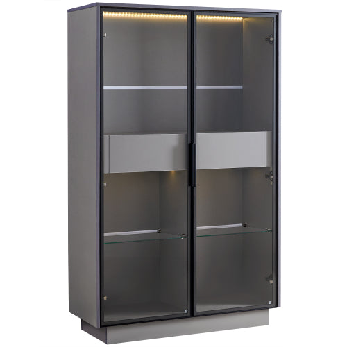 60.6'' Freestanding Grey Glass Door Display Cabinet LED Light Adjustable Shelves Home Storage Cabinet