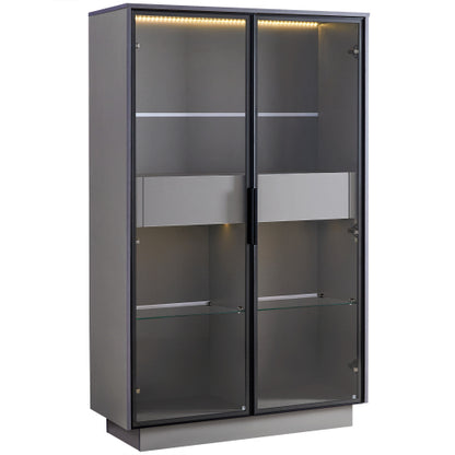 60.6'' Freestanding Grey Glass Door Display Cabinet LED Light Adjustable Shelves Home Storage Cabinet