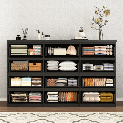 12 Drawers Double Dresser, Modern Wood Dresser Chest of Drawers with Large Storage Space for Bedroom, Black