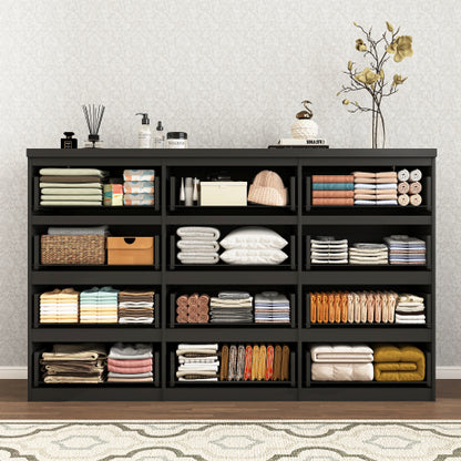 12 Drawers Double Dresser, Modern Wood Dresser Chest of Drawers with Large Storage Space for Bedroom, Black