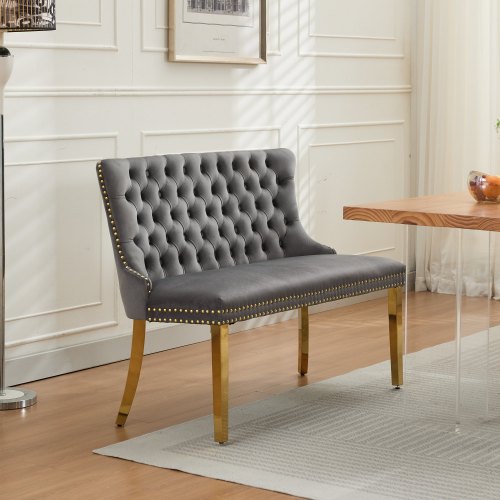 Velvet Double Dining Loveseat Bench, Kitchen & Dining Seating, 2-Seat Tufted Bench w/Handmade Buttons, Wing Back, Gold-Plated Steel Legs, Mid Century Modern,Single Pack,Gray,