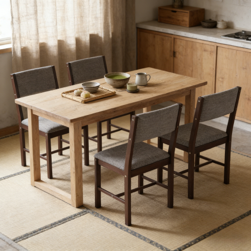 Set of 4 Walnut Rubberwood Dining Chairs, Gray Linen Upholstered Kitchen Chairs with H-Support Frame
