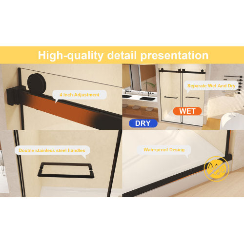 Frameless Double Sliding Shower Door 56-60 "W x 74" H, 5/16 "(8mm) Tempered Glass, Explosion Proof Film, Stainless Steel Handle, Square Tube Track, Matte Black
