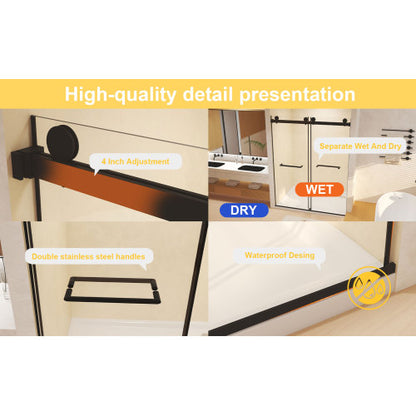 Frameless Double Sliding Shower Door 56-60 "W x 74" H, 5/16 "(8mm) Tempered Glass, Explosion Proof Film, Stainless Steel Handle, Square Tube Track, Matte Black