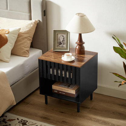 2 Pack Black Nightstands, Mid-Century Cabinet with Grille Striped Doors & Metal Legs